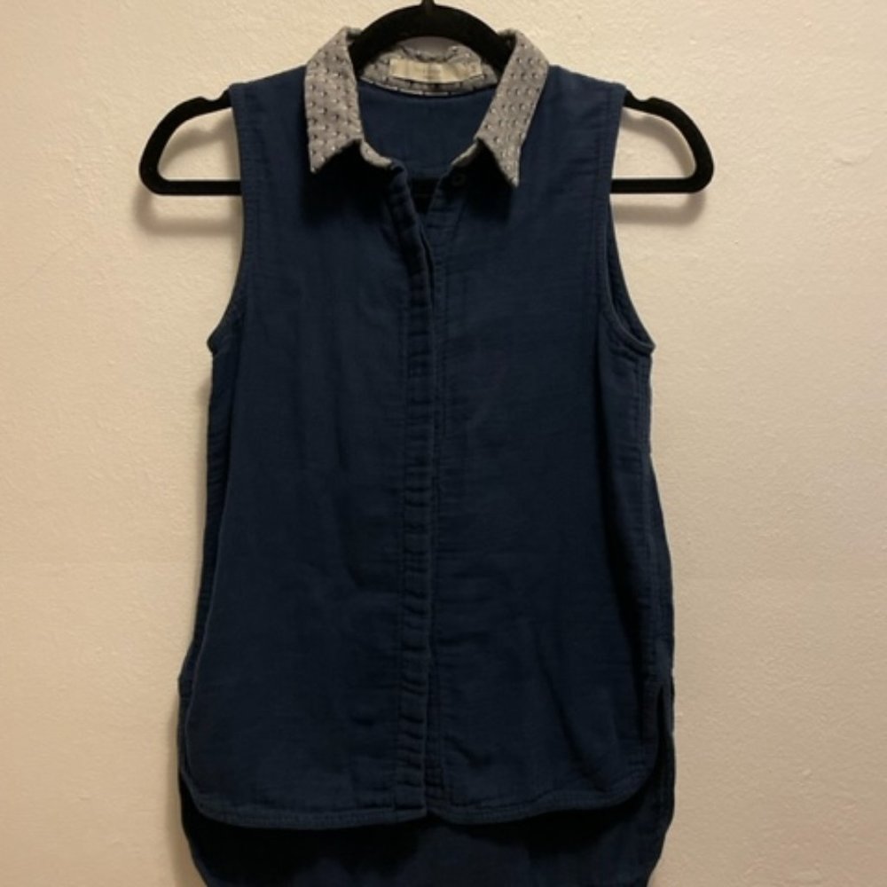 7115 by Szeki NY indigo blue cotton sleeveless shirt with jacquard collar